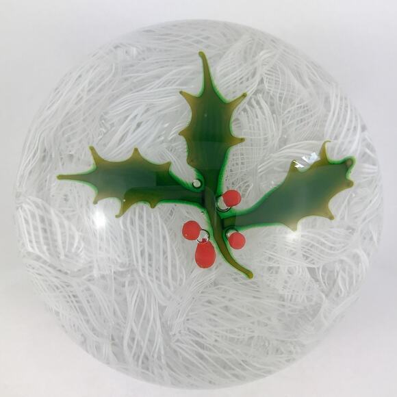 Perthshire 1971 Christmas Holly Berries Latticinio Lace Holiday Paperweight